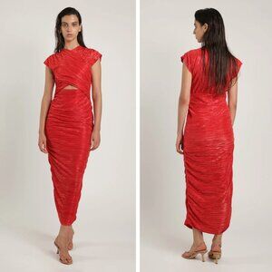 NEW Sabina Musayev Leaf Midi Dress Radiant Red Ruched Cocktail Gown Wedding